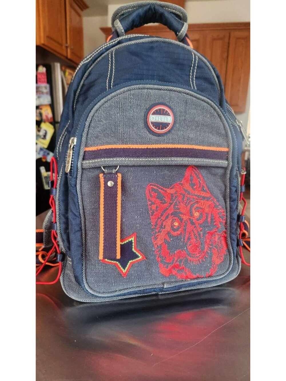 Oilily Boys Wolf Backpack.  Large 3 compartment  backpack with embroidered wolf